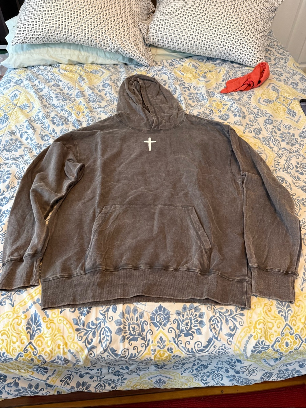 Ringspun Men's Washed Charcoal Hoodie with Cross Detail